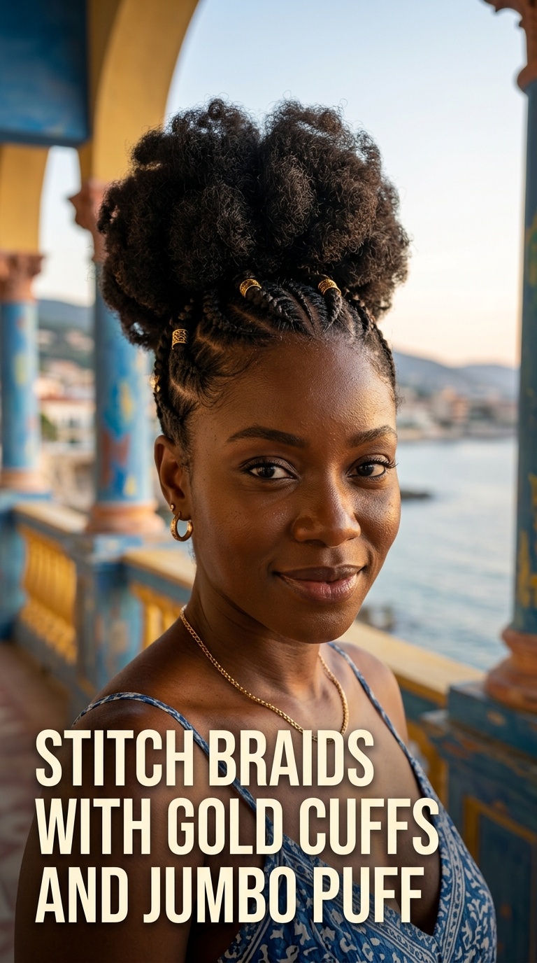 Stitch Braids with Gold Cuffs and Jumbo Puff