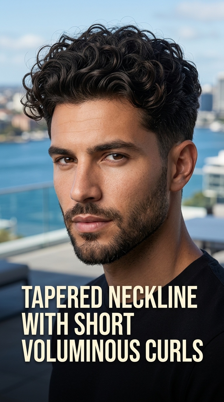 Tapered Neckline with Short Voluminous Curls