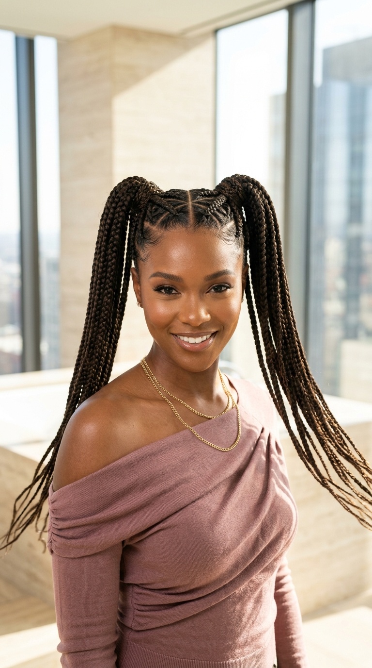 Two Braided Ponytails Black Hair