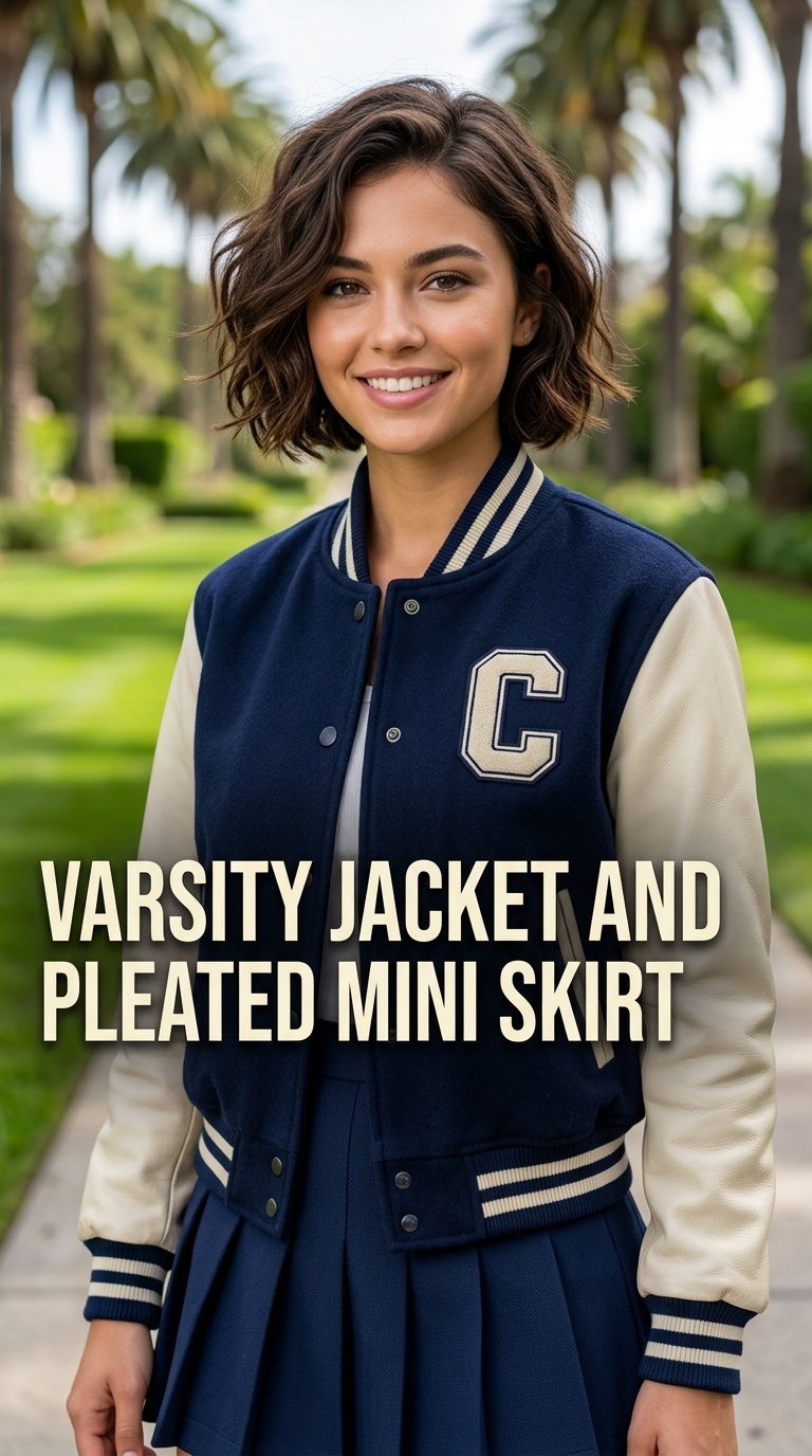 Varsity Jacket and Pleated Mini Skirt
