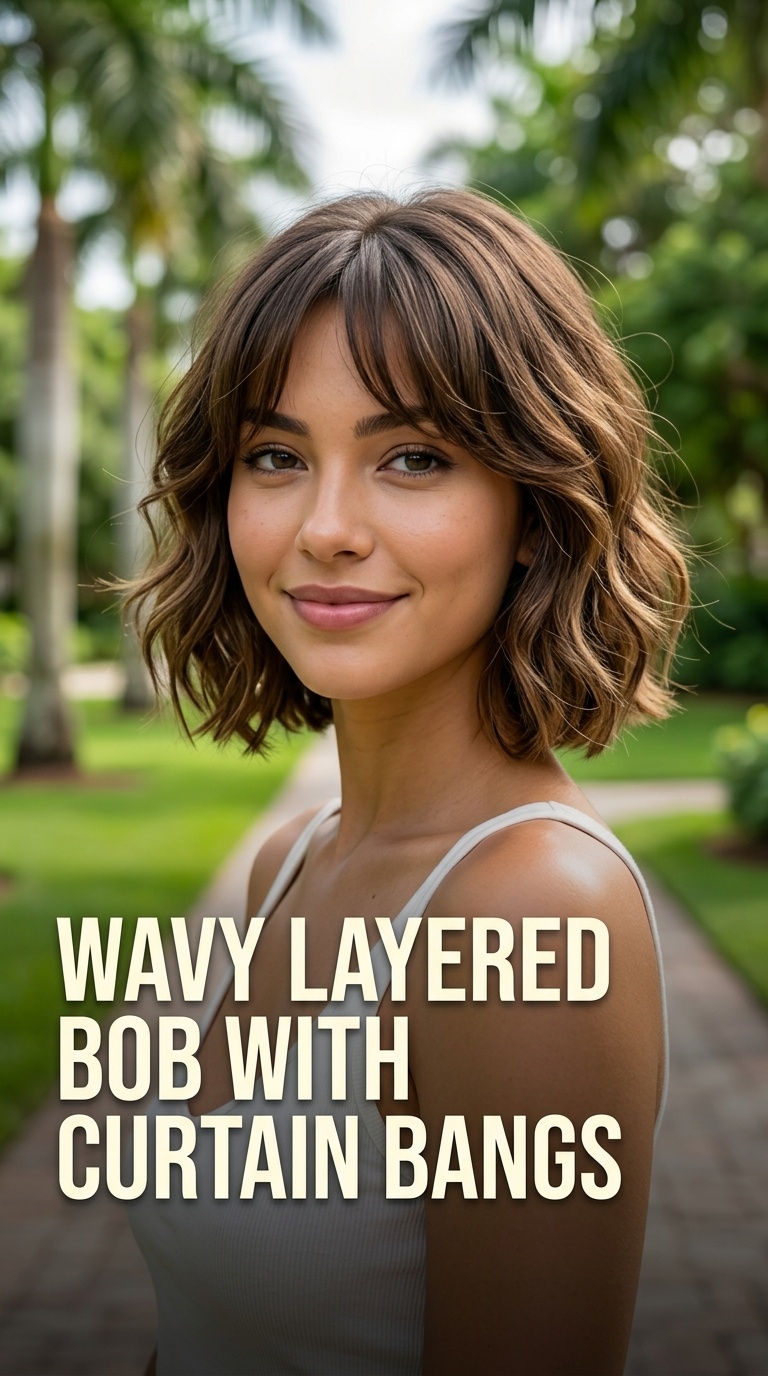 Wavy Layered Bob with Curtain Bangs