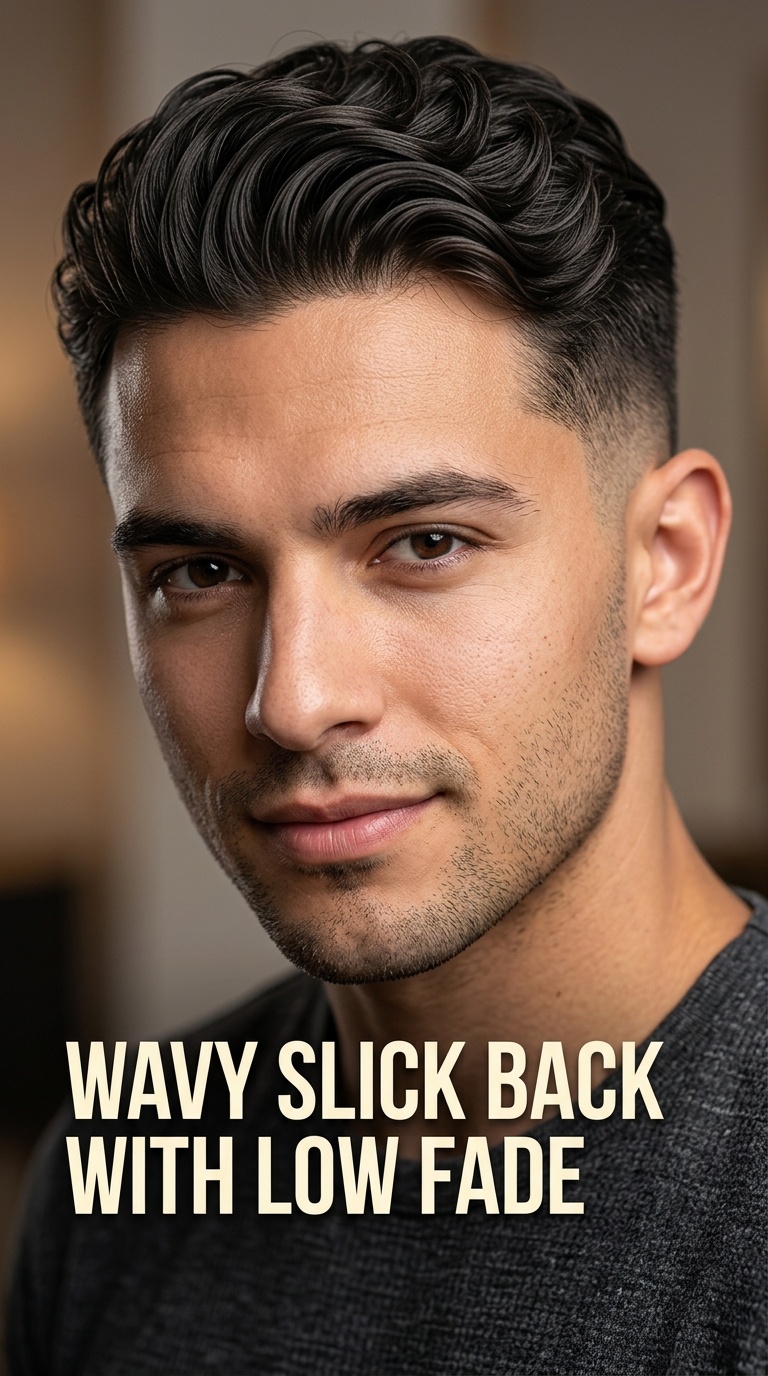 Wavy Slick Back with Low Fade