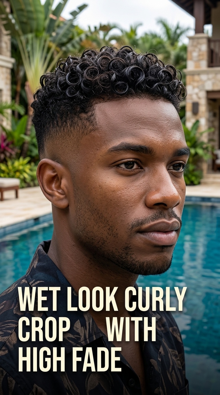 Wet Look Curly Crop with High Fade