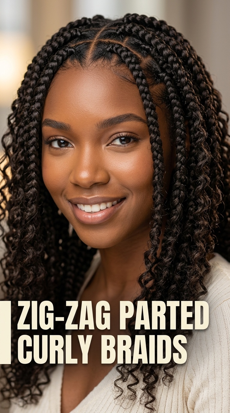 Zig-Zag Parted Curly Braids
