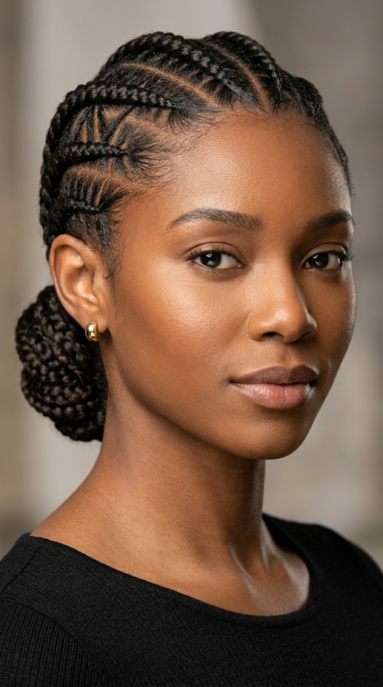 Abstract Geometric Cornrows with Low Bun