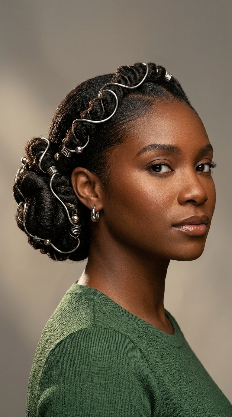 Abstract Low Bun with Metallic Wire