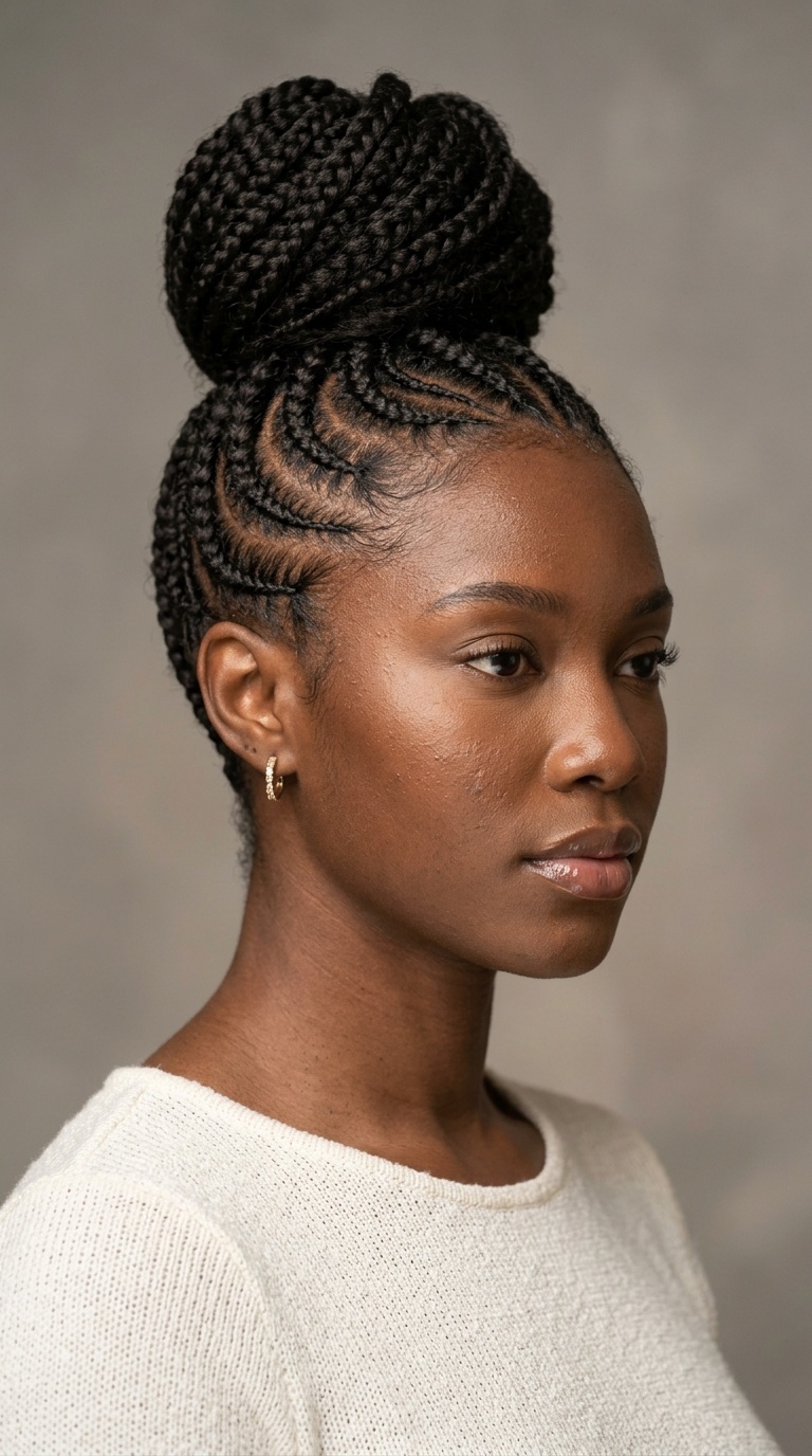 Abstract Swirl Cornrows in a High Bun