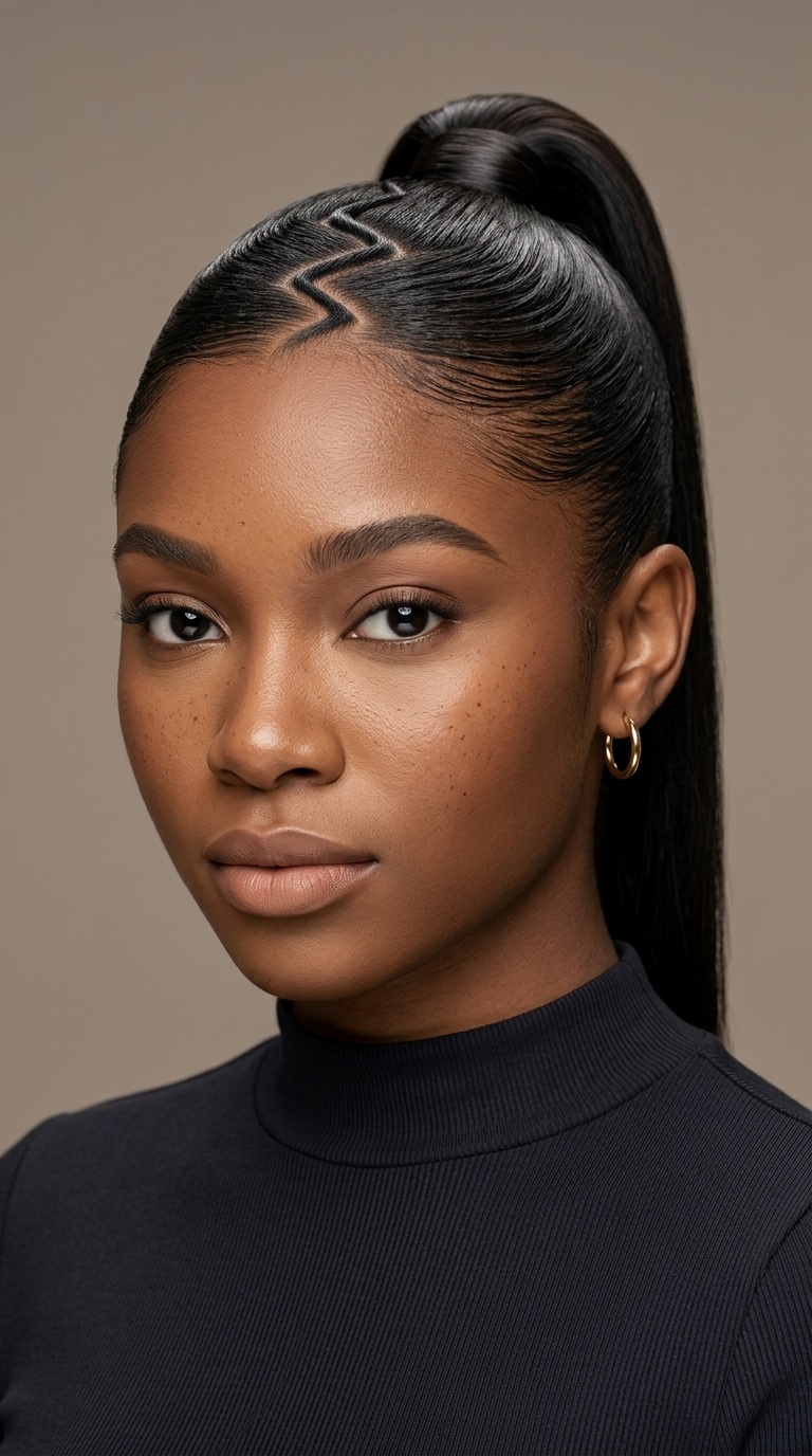 Abstract Zig-Zag Parting with Sleek Ponytail