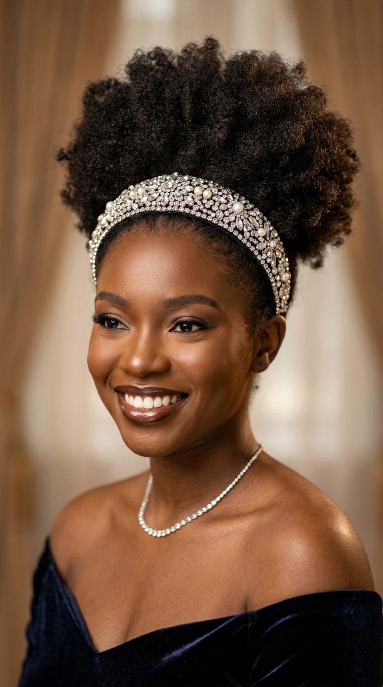 Afro Puff with a Jeweled Headband
