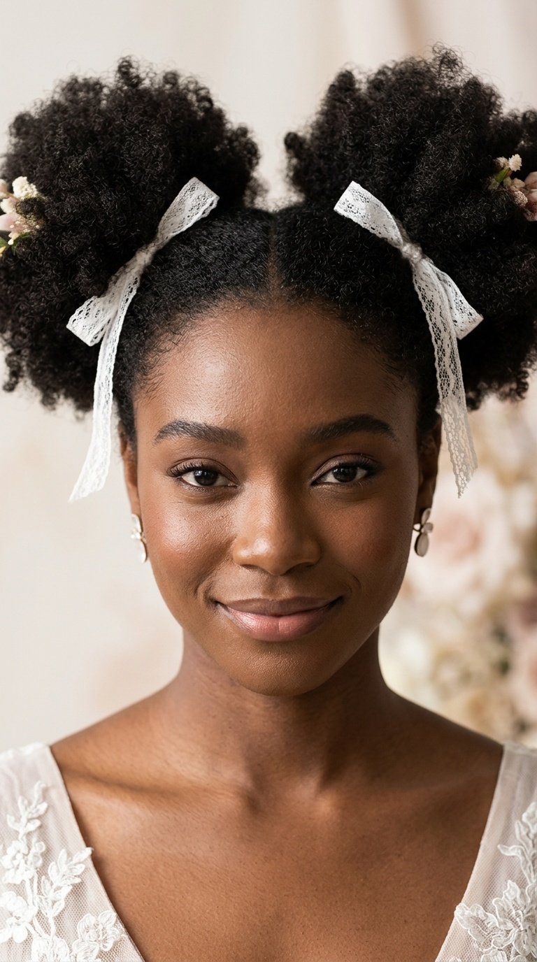Afro Puffs with Lace Ribbon Accents