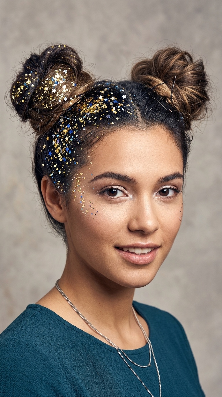 Asymmetric Space Buns with One-Sided Glitter