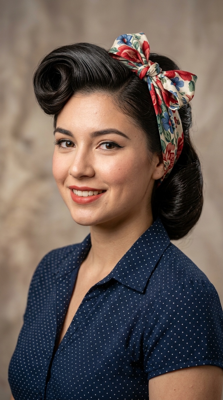 Asymmetric Victory Rolls with a Floral Scarf