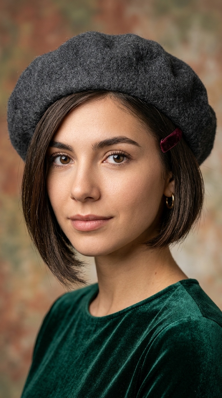 Asymmetrical Bob with a Slouchy Beret
