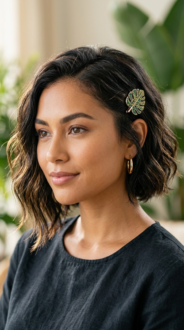 Asymmetrical Bob with Monstera Leaf Clip