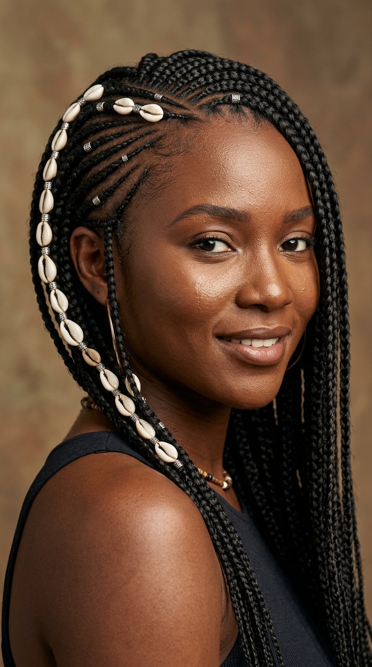 Asymmetrical Fulani Braids with Cowrie Shells