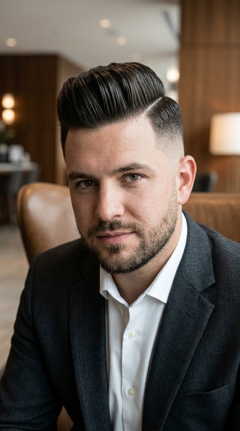 Bald Fade Pompadour with Hard Part