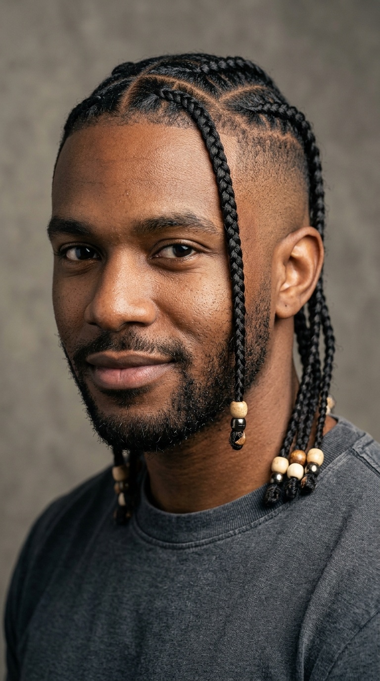 Bald Fade with Single Braids and Beads