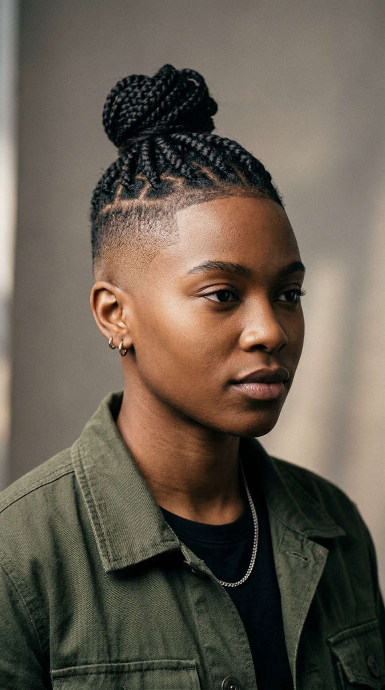 Bald Fade with Top Knot Braids