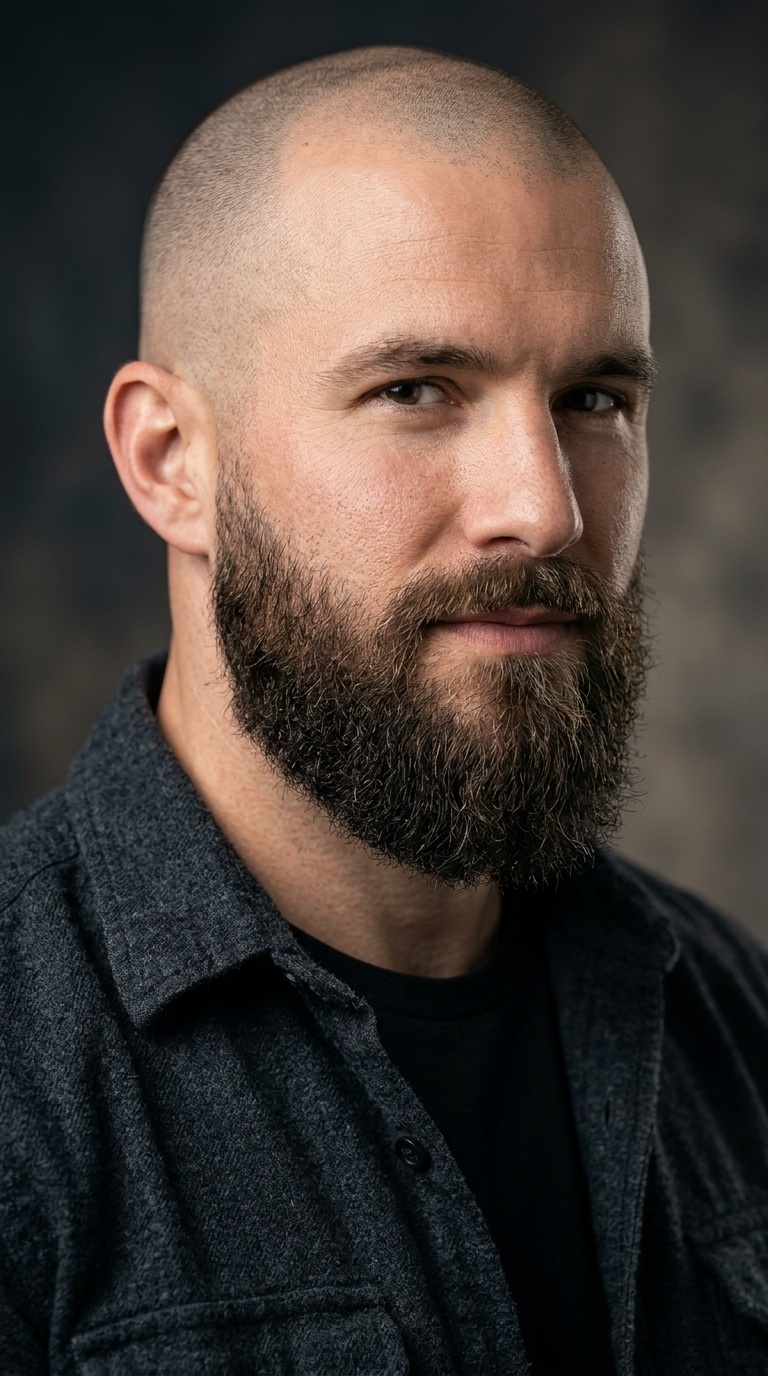 Bald Head (Short Buzz) with High Fade and Long Beard