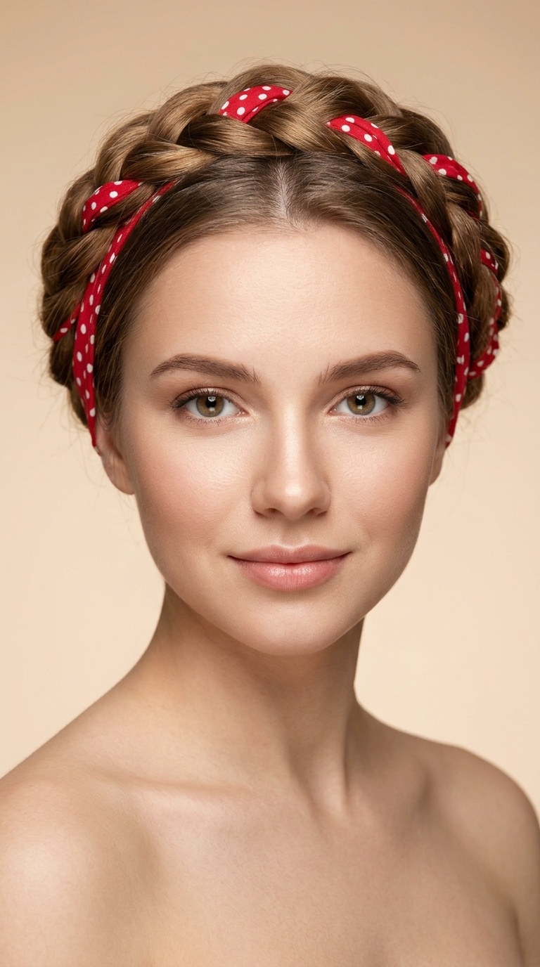 Bandana-Intertwined Milkmaid Braids