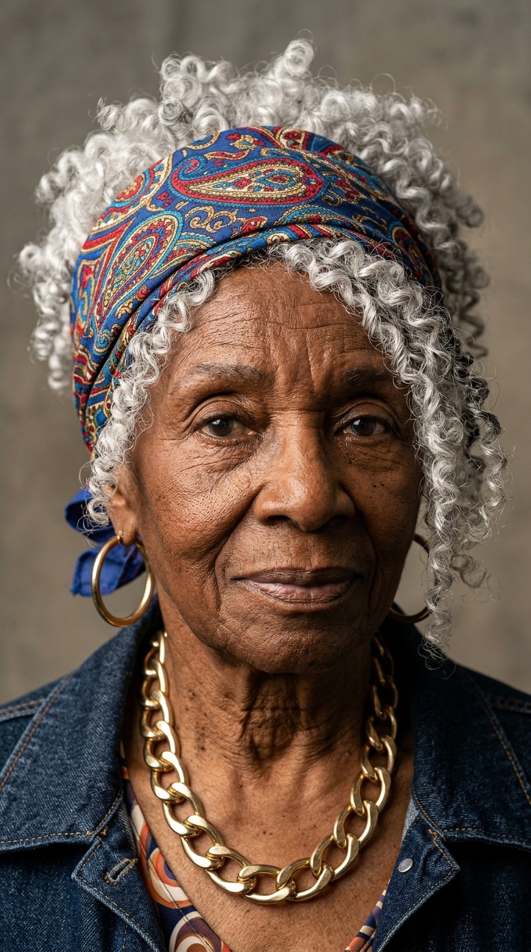Bandana-Wrapped Silver Curls