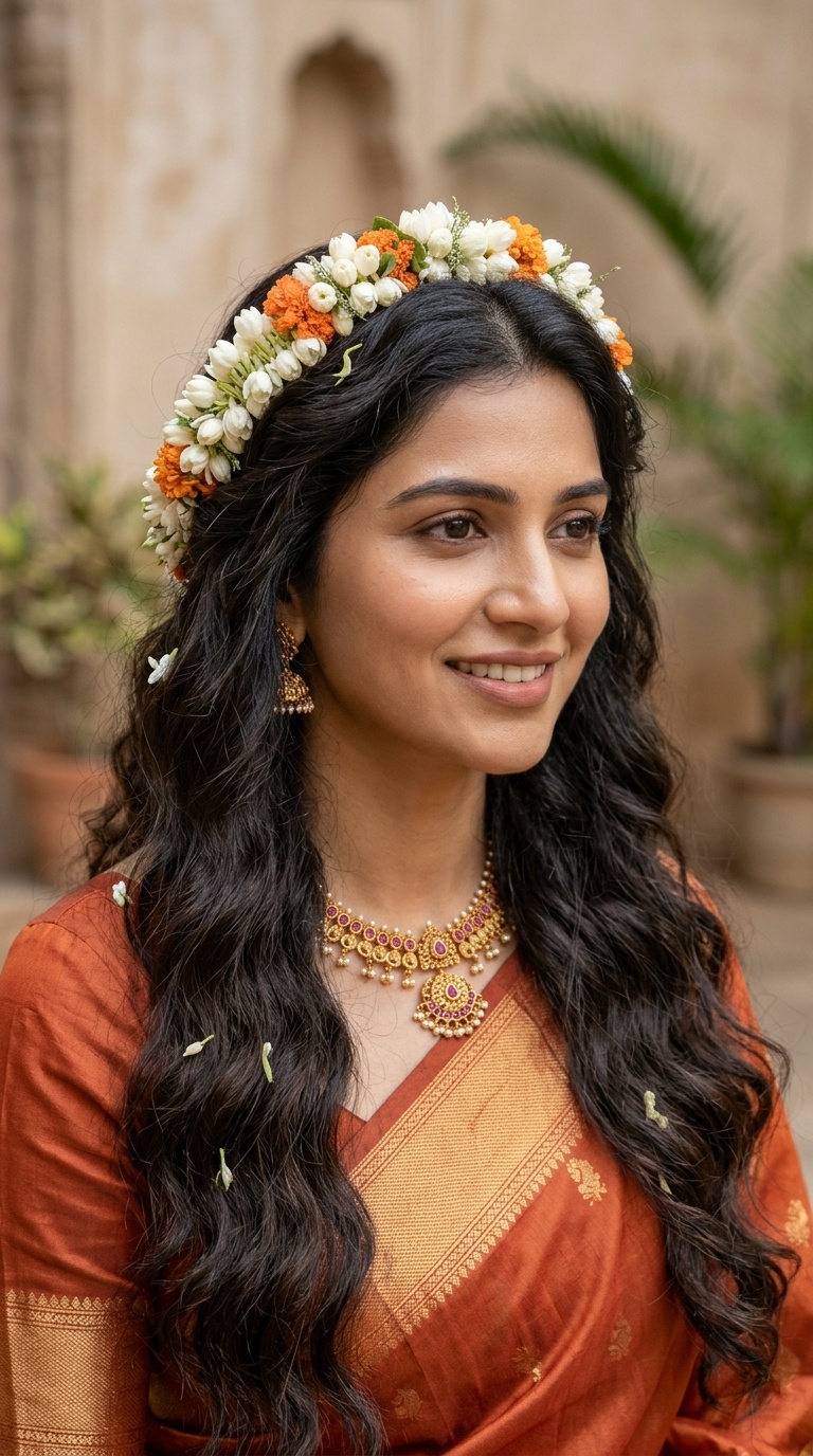 Beachy Waves with a Floral Crown Gajra