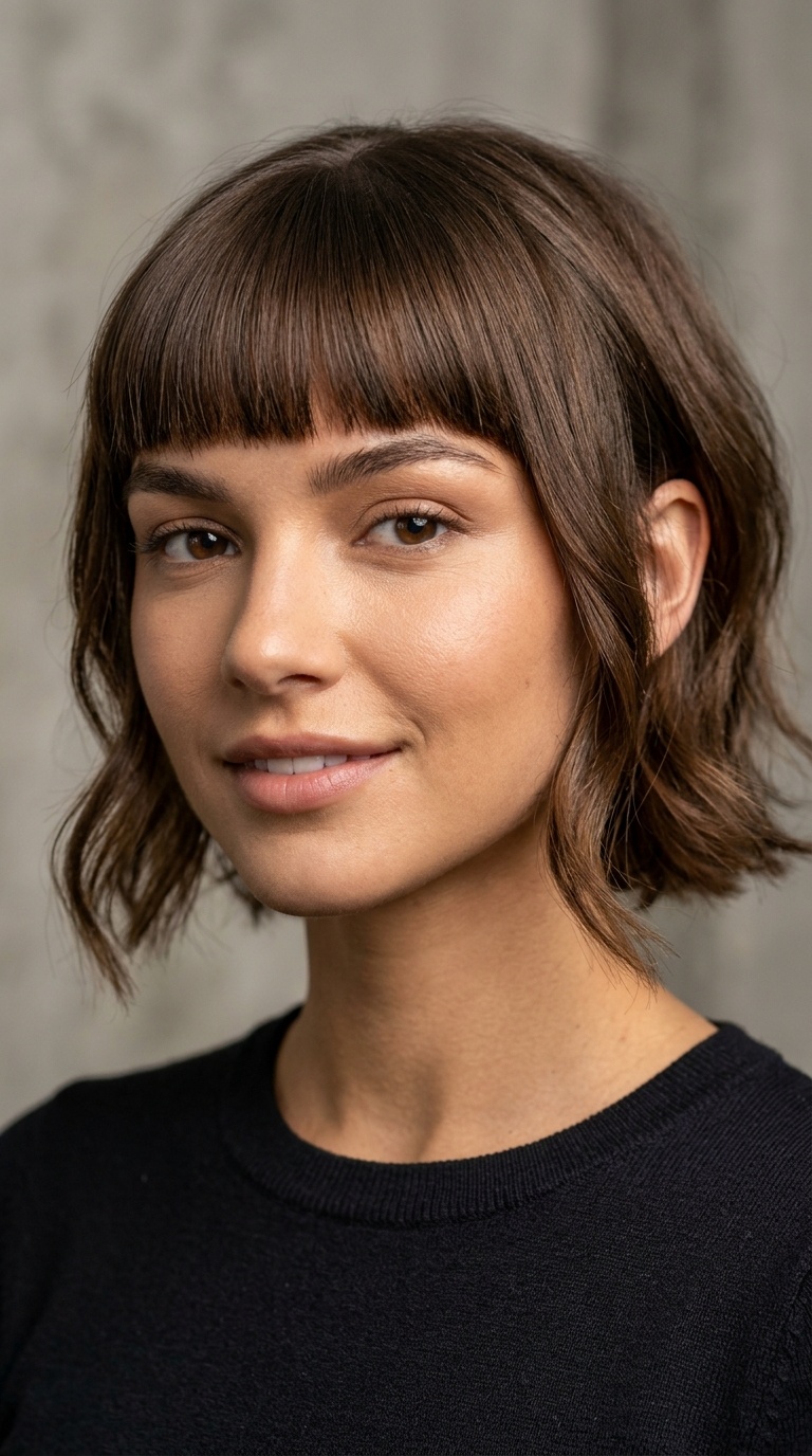 Blunt Bangs with Face-Framing Tendrils
