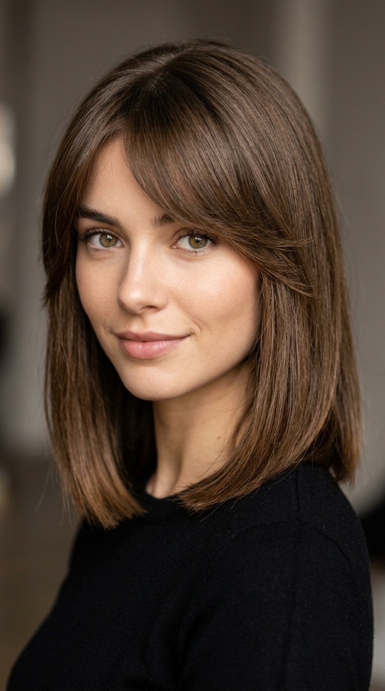 Blunt Lob with Feathered Side-Swept Bangs