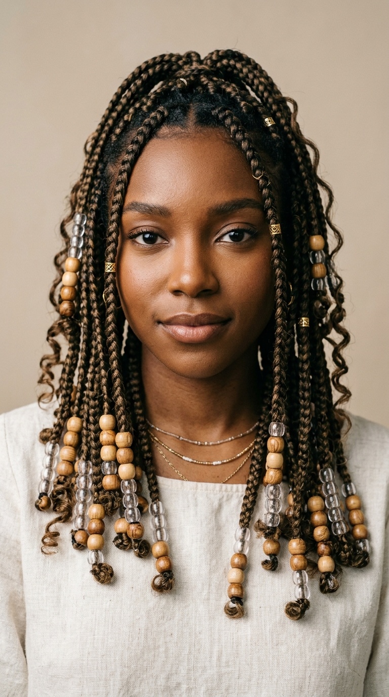 Bohemian Box Braids with Alternating Beads