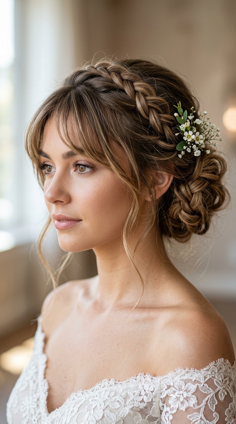 Bohemian Braided Updo with Curtain Bangs