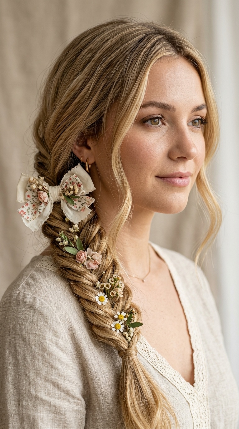 Bohemian Side Plait with Floral Bow