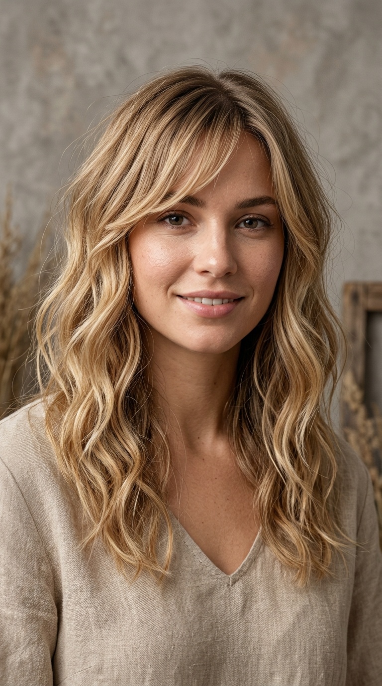 Boho Beach Waves with Side-Swept Fringe