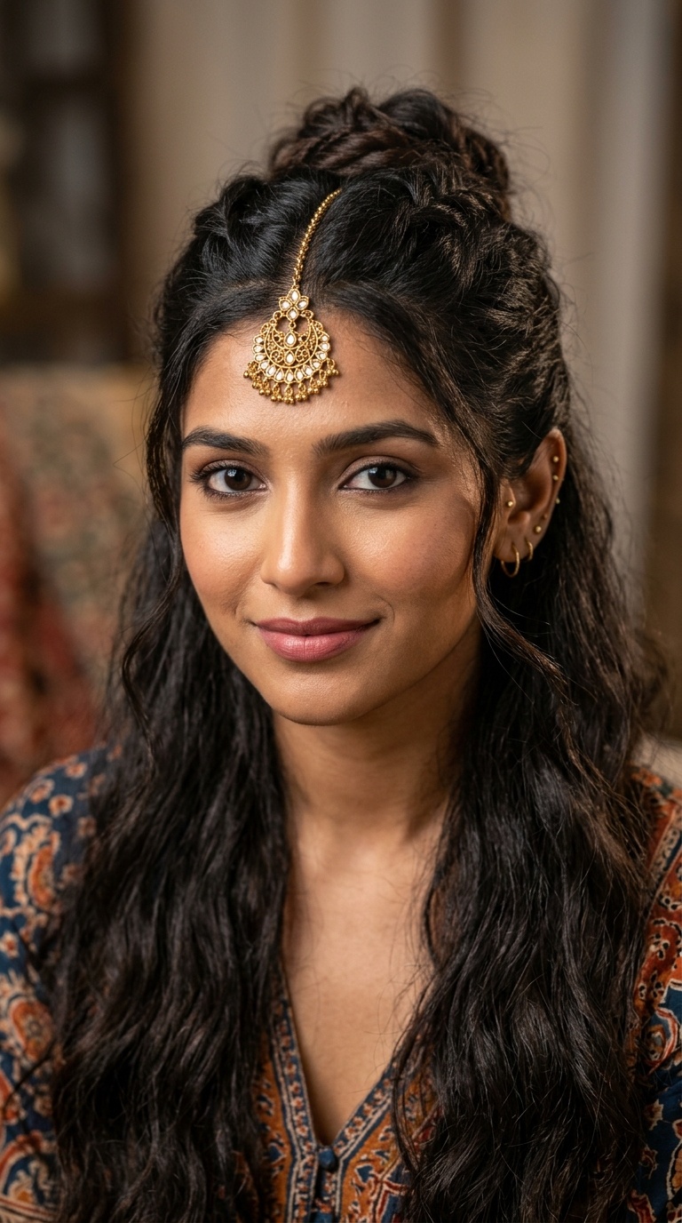 Boho Half-Up Half-Down with Gold Maang Tikka