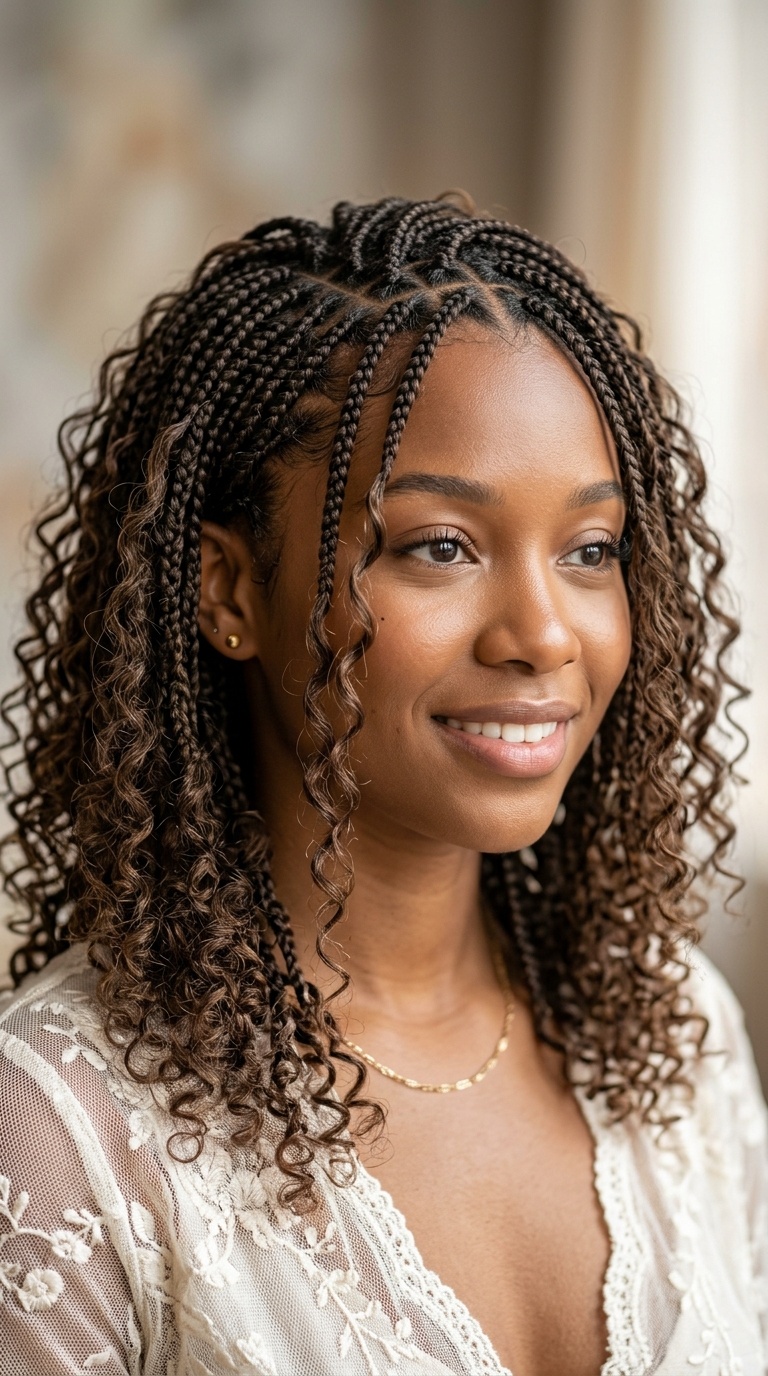 Boho Knotless Braids with Frizzy Curls