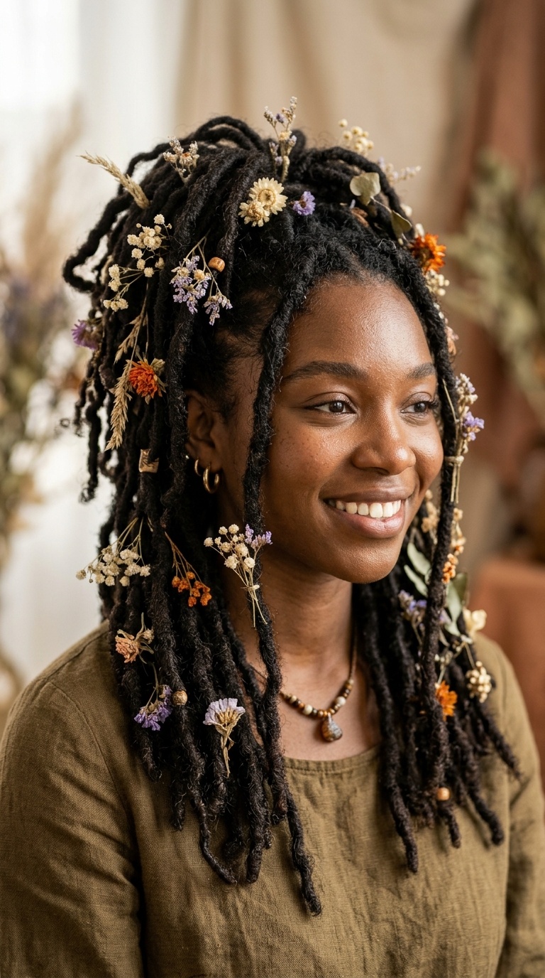 Boho Locs with Dried Flowers