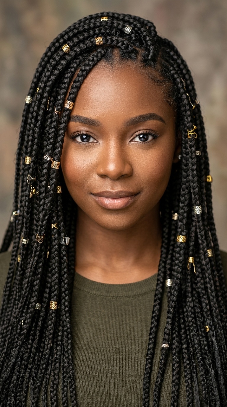 Box Braids with Metallic Rings