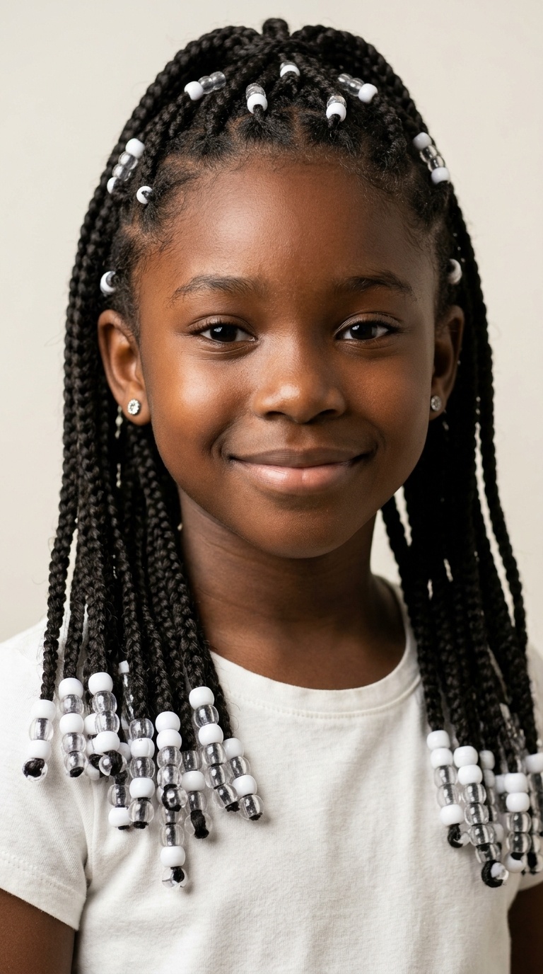 Box Braids with Stacked Clear and White Beads