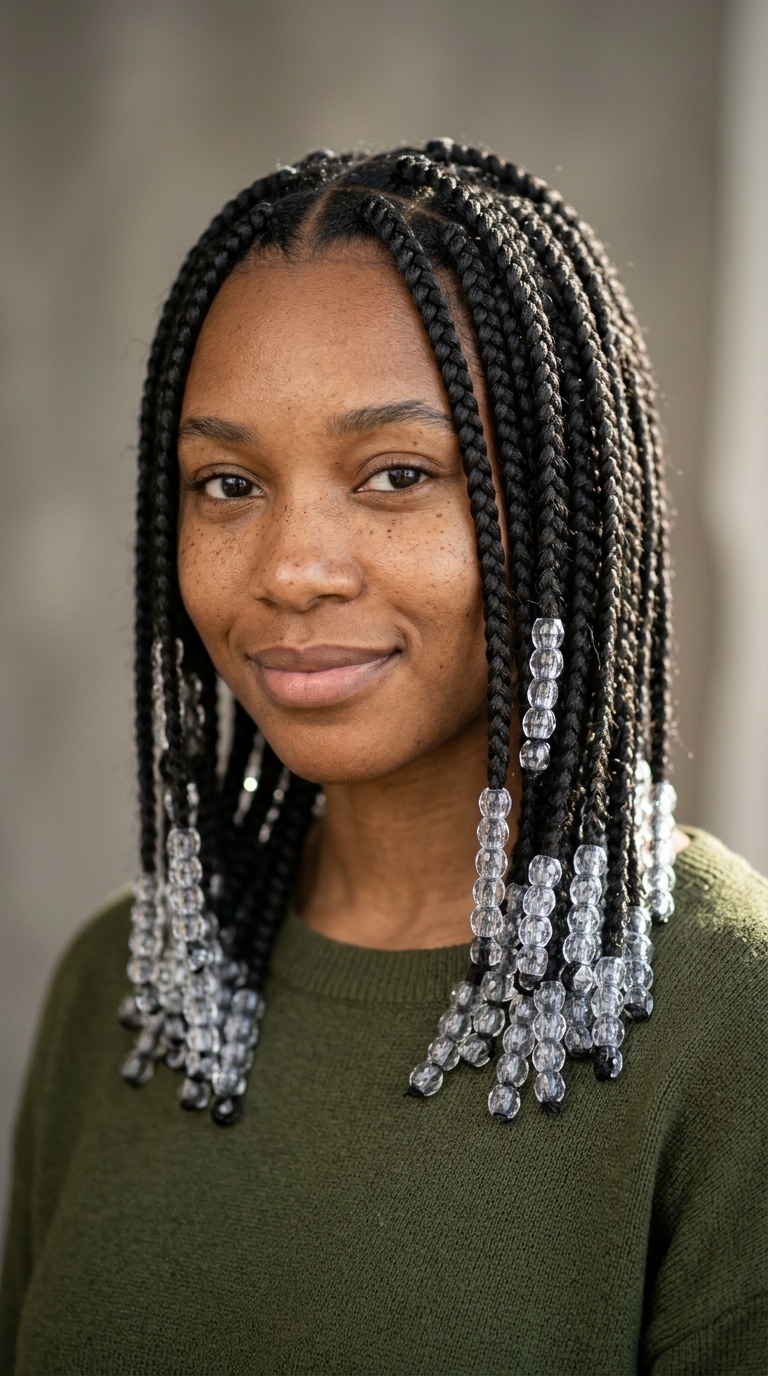 Box Braids with Transparent Crystal Beads