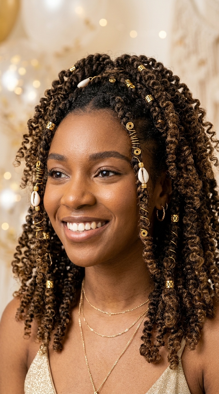 Braid-Out with Gold Accessories
