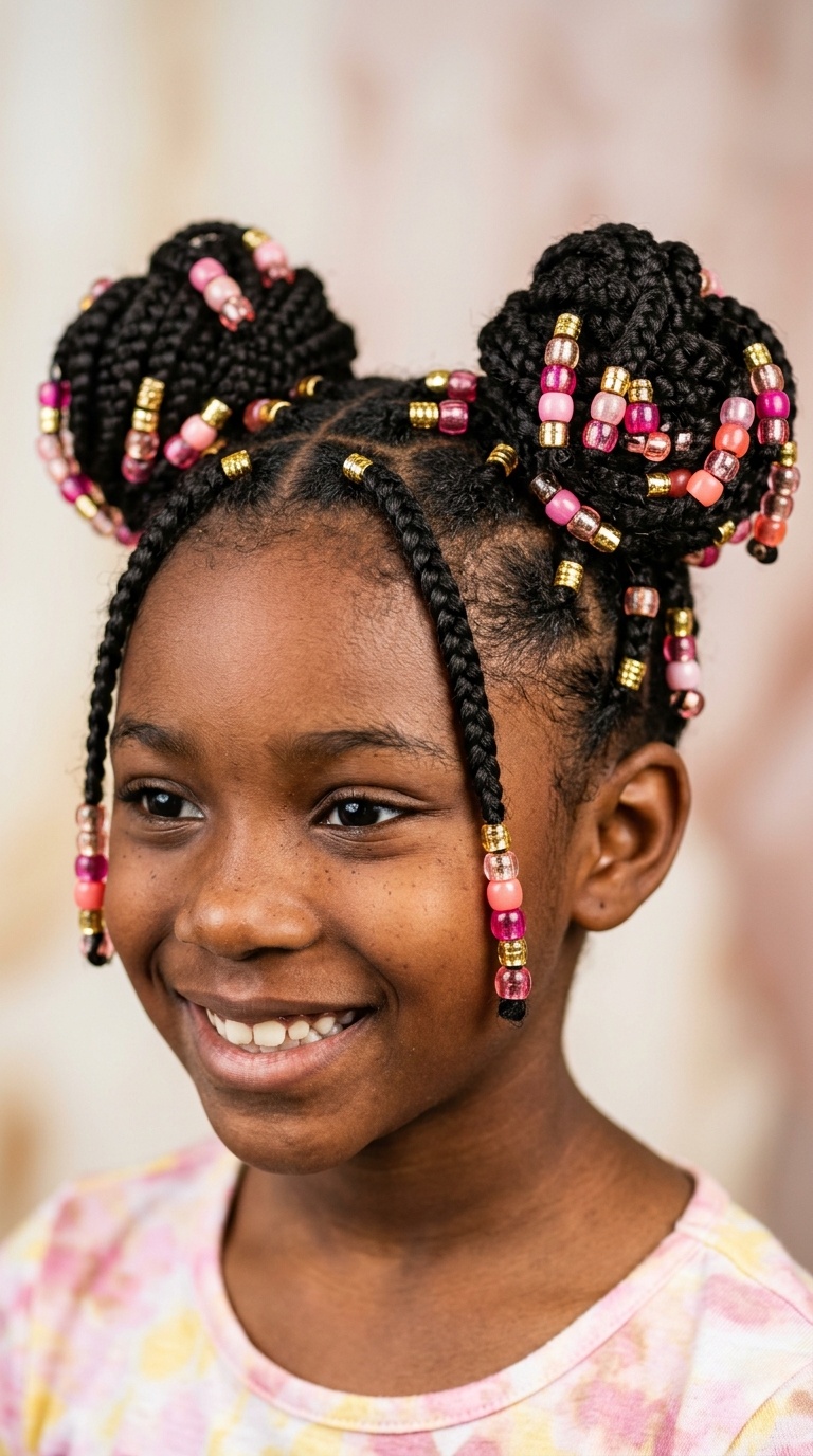 Braided Buns with Gold and Pink Beads