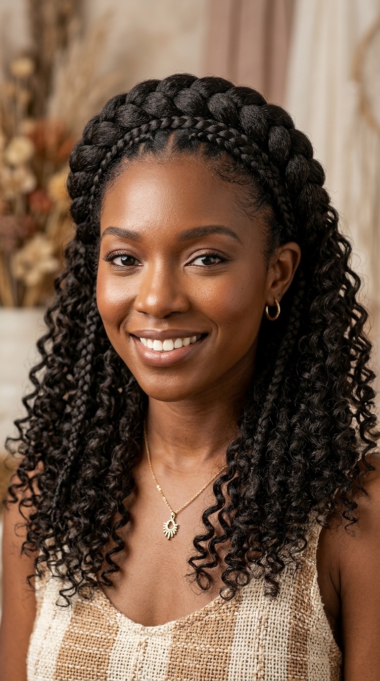 Braided Crown with Curly Extensions