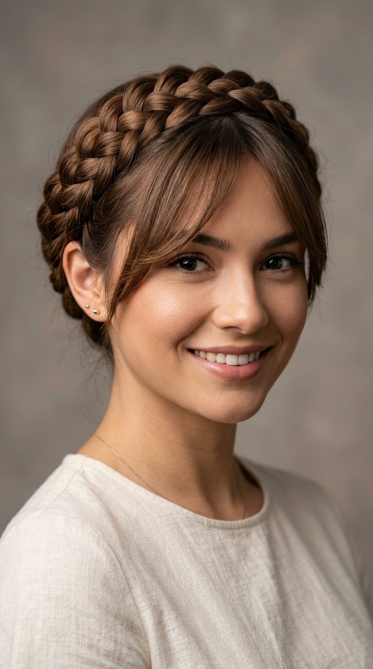 Braided Crown with Side-Swept Bangs