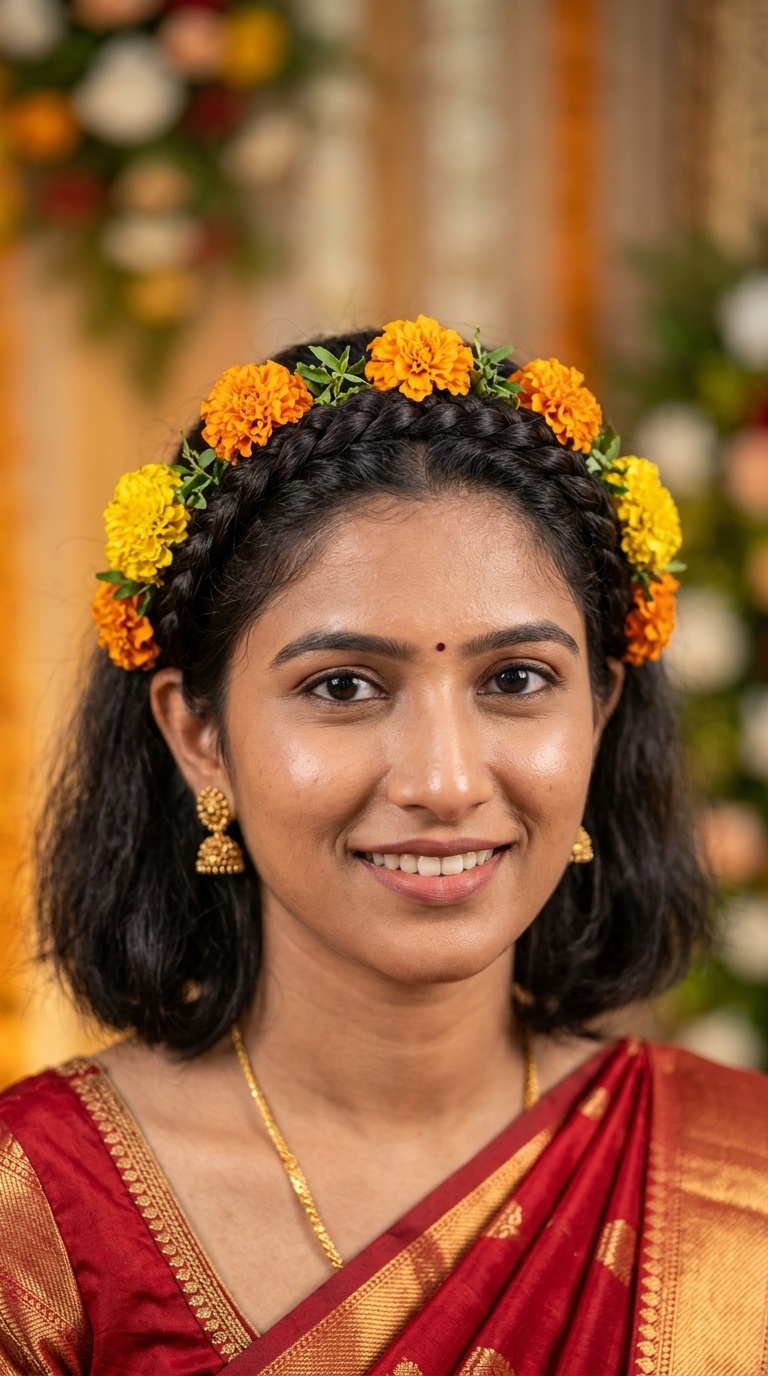 Braided Headband with Fresh Marigolds