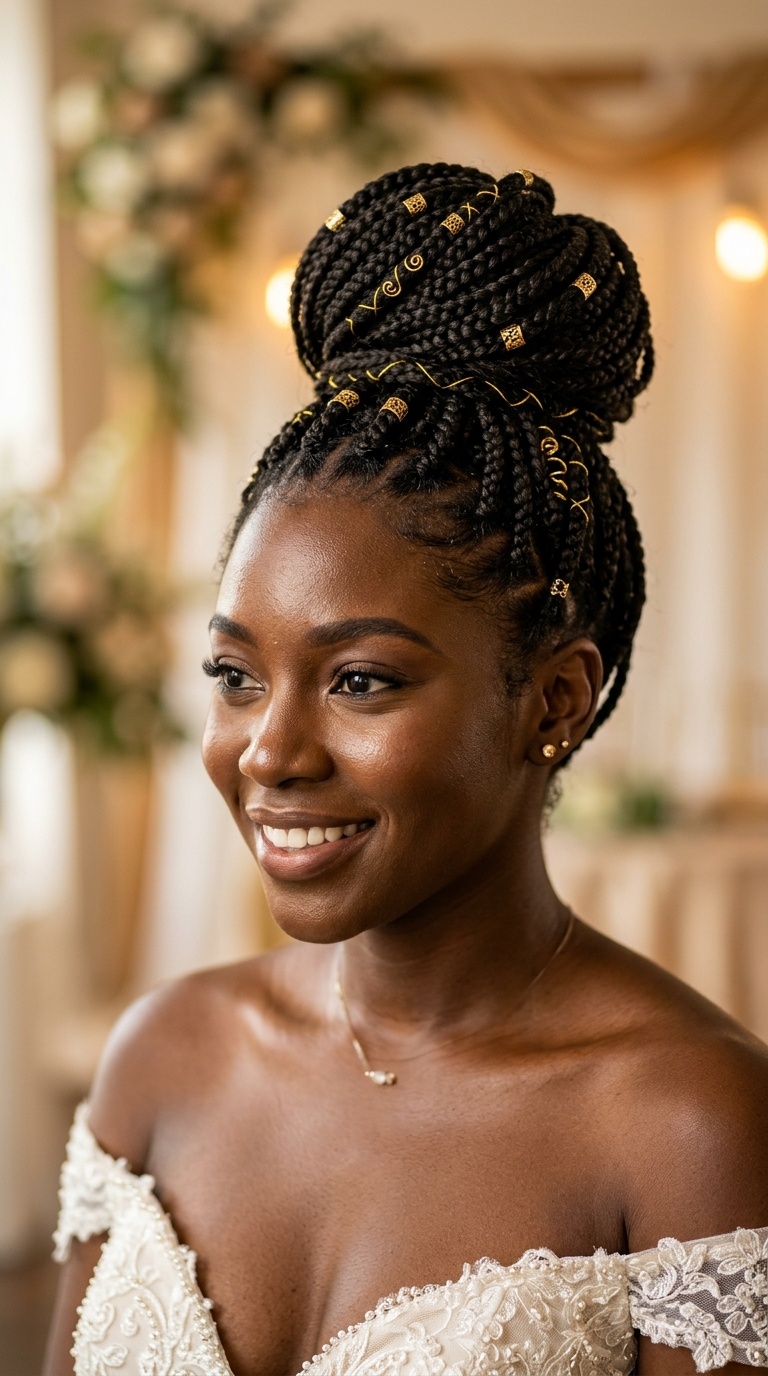 Braided High Bun with Gold Accents