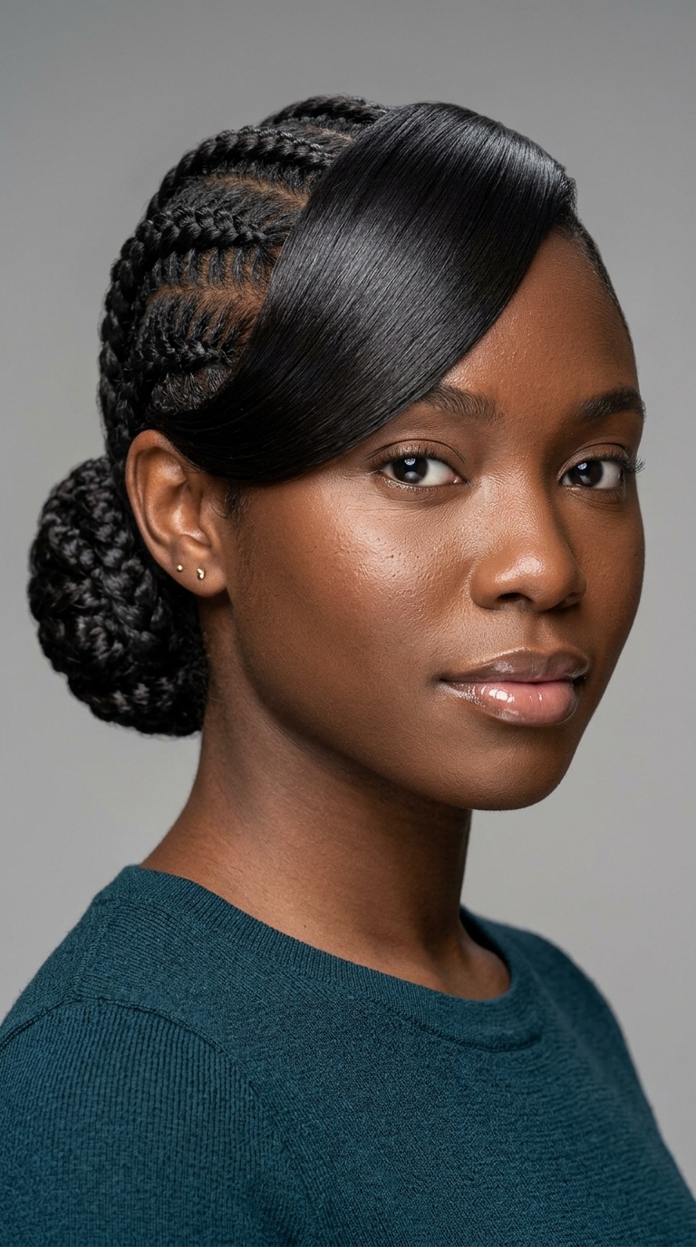 Braided Low Bun with Flat-Ironed Swoop