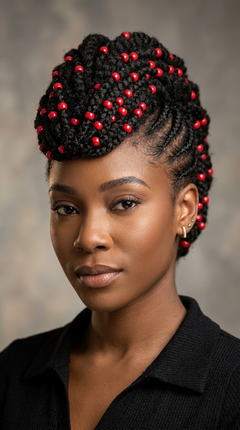 Braided Mohawk with Bold Red Beads