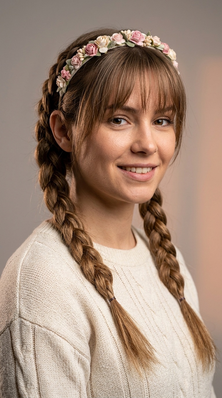 Braided Pigtails with Wispy Bangs and Floral Headband