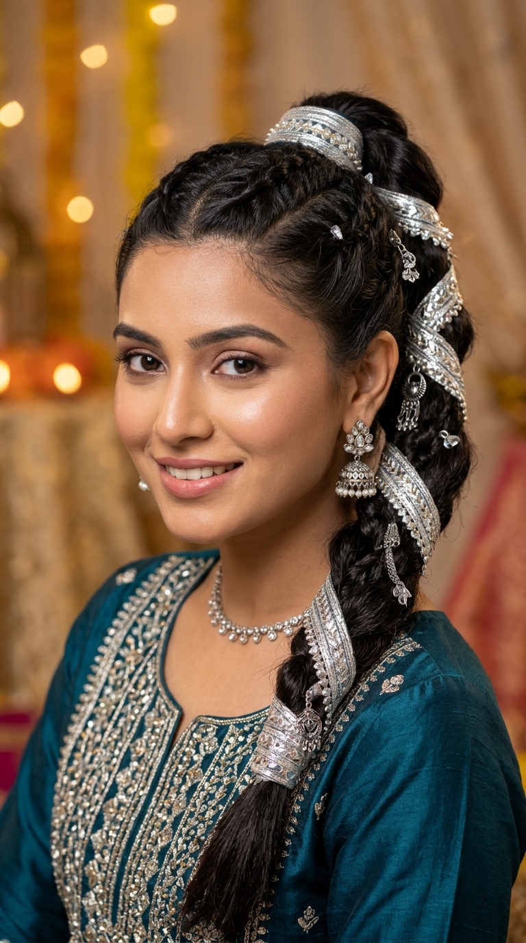Braided Ponytail with Silver Gota Patti