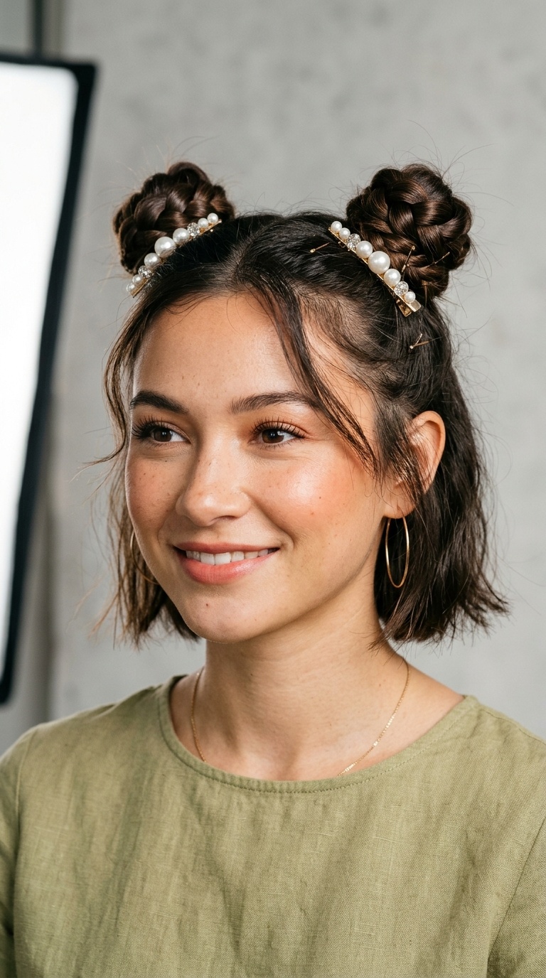 Braided Space Buns with Pearl Barrettes