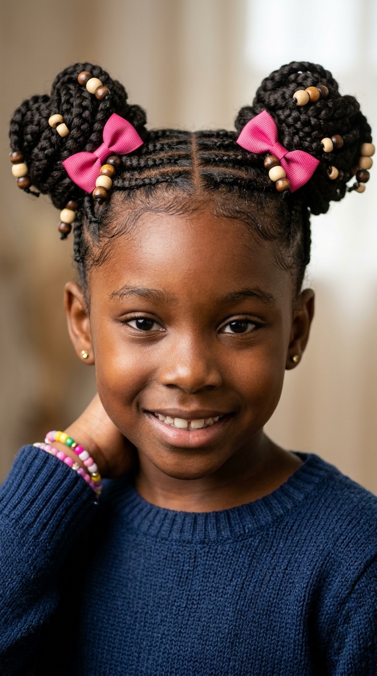 Braided Space Buns with Wooden Beads